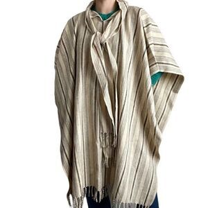 Vintage Unisex 1970s 100% Wool Brown Cream Striped Fringe Hippie Poncho One Size